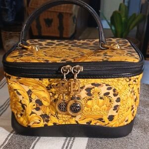 Authentic Gianni Versace Flower Leopard Vanity Hand Bag PVC Leathet